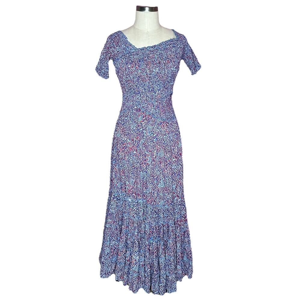 POUPETTE ST BARTH‎ Soledad Off Shoulder Blue Red Purple Patterned Midi Dress XS